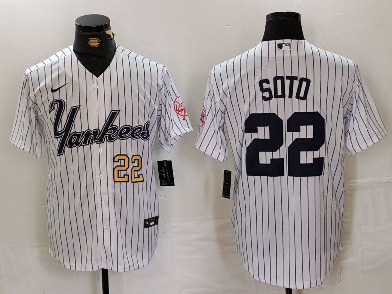Men New York Yankees #22 Soto White stripe Three generations of joint names Nike 2024 MLB Jersey style 2